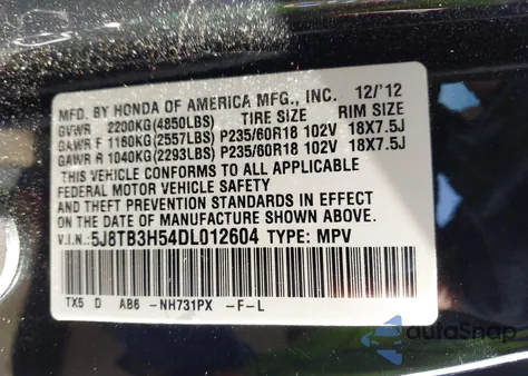 2013 Acura Rdx z USA, uszkodzony, nr VIN 5J8TB3H54DL012604